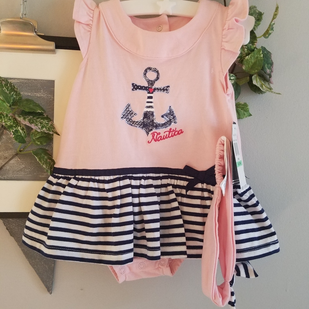 NEW Nautica‎ Baby Girls' Striped One Piece Romper and Headband 18 Months